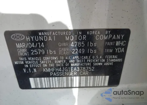 2014 Hyundai Azera Limited z USA, uszkodzony, nr VIN KMHFH4JG1EA378752